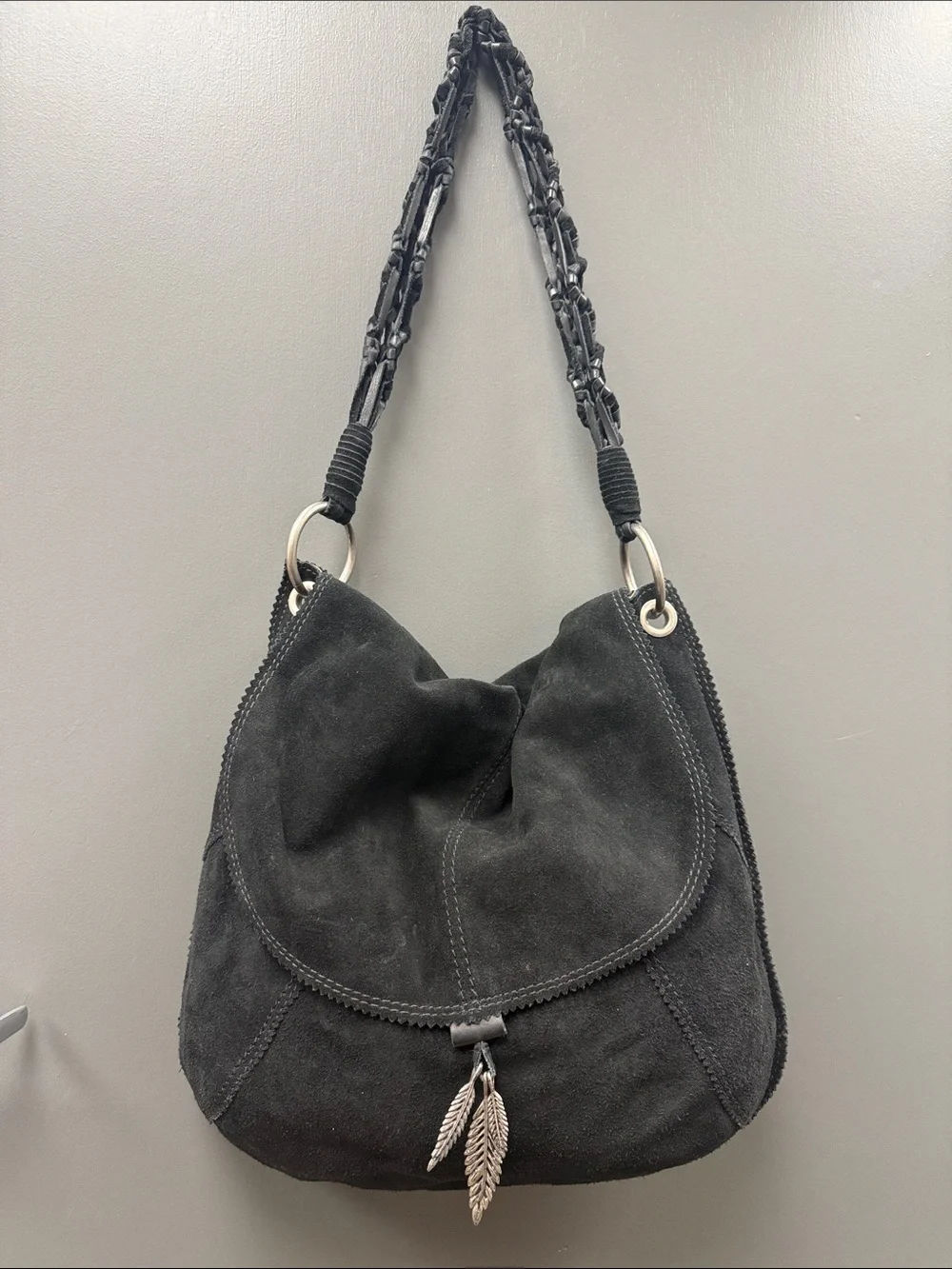 Vintage Lucky Brand Black Suede Hobo with Braided Strap and Leaf Charms- EU